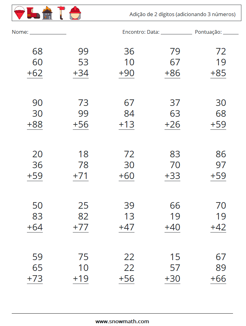 (25) Adição de 2 dígitos (adicionando 3 números) planilhas matemáticas 16