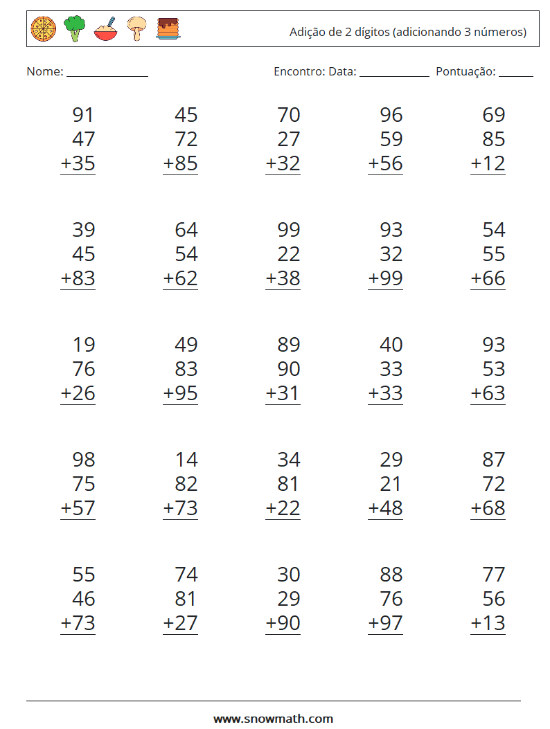 (25) Adição de 2 dígitos (adicionando 3 números) planilhas matemáticas 17