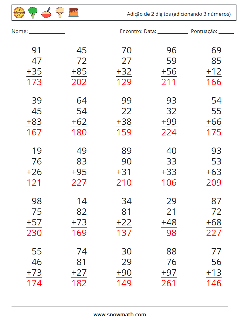 (25) Adição de 2 dígitos (adicionando 3 números) planilhas matemáticas 17 Pergunta, Resposta