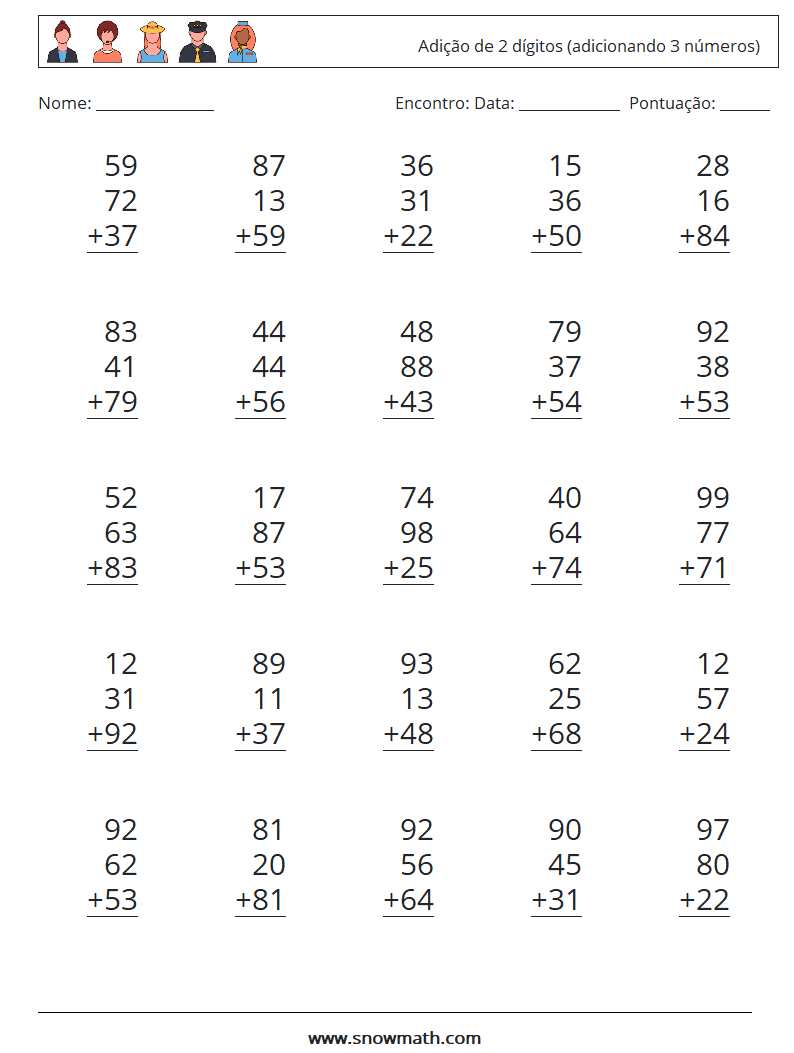 (25) Adição de 2 dígitos (adicionando 3 números) planilhas matemáticas 18