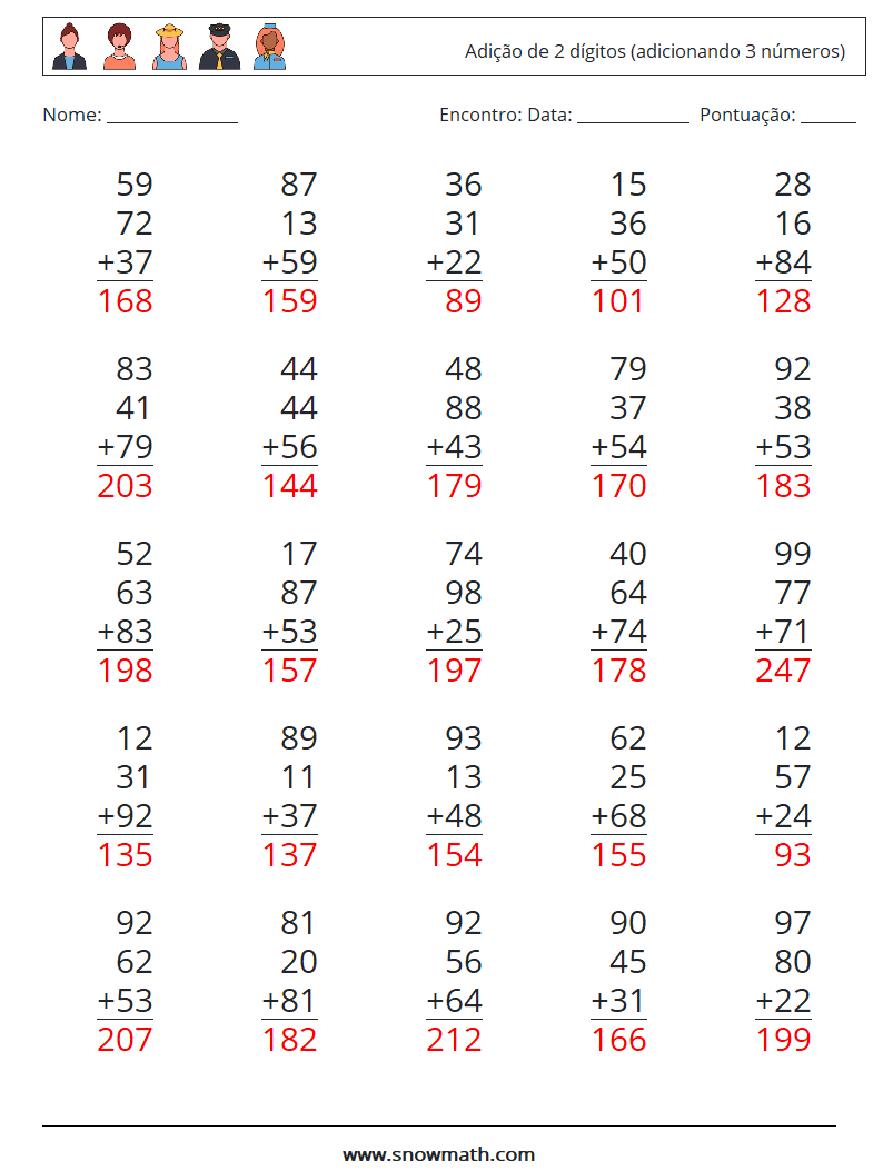 (25) Adição de 2 dígitos (adicionando 3 números) planilhas matemáticas 18 Pergunta, Resposta