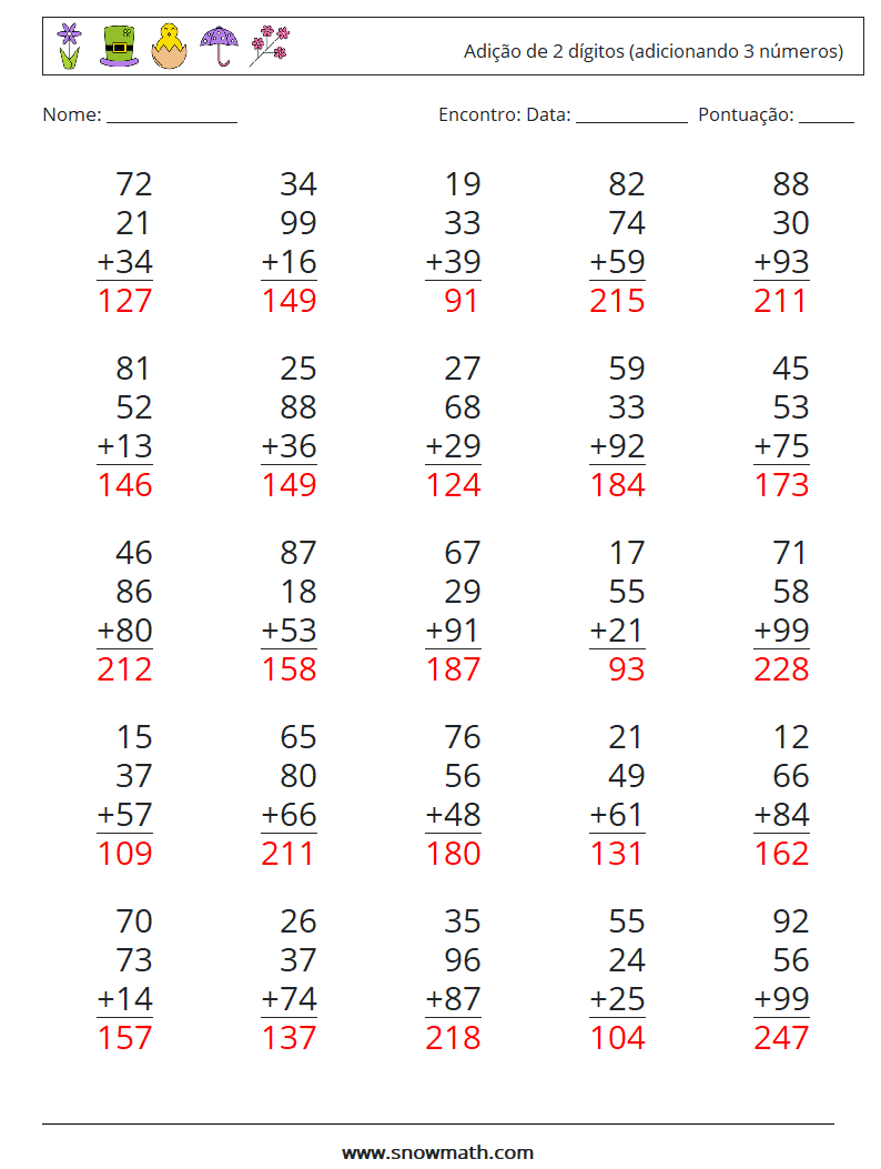 (25) Adição de 2 dígitos (adicionando 3 números) planilhas matemáticas 1 Pergunta, Resposta