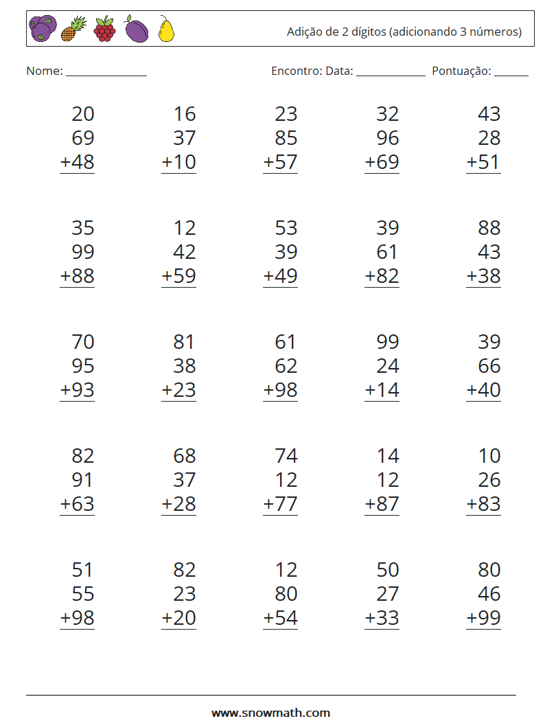 (25) Adição de 2 dígitos (adicionando 3 números) planilhas matemáticas 2