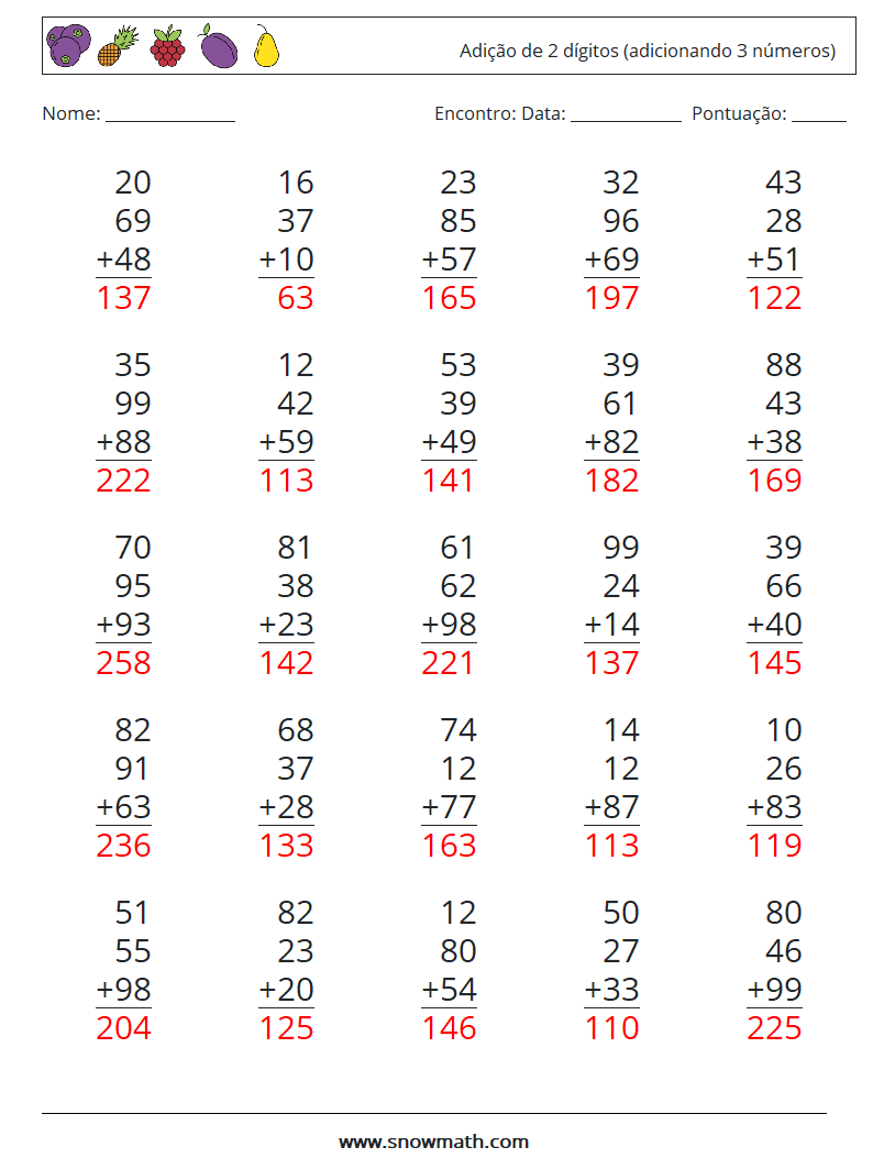 (25) Adição de 2 dígitos (adicionando 3 números) planilhas matemáticas 2 Pergunta, Resposta