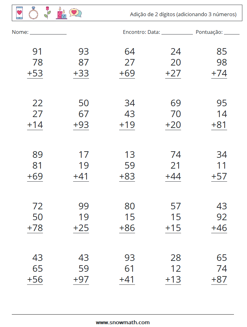 (25) Adição de 2 dígitos (adicionando 3 números) planilhas matemáticas 3