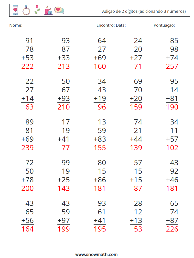 (25) Adição de 2 dígitos (adicionando 3 números) planilhas matemáticas 3 Pergunta, Resposta