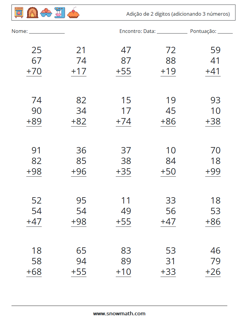 (25) Adição de 2 dígitos (adicionando 3 números) planilhas matemáticas 4