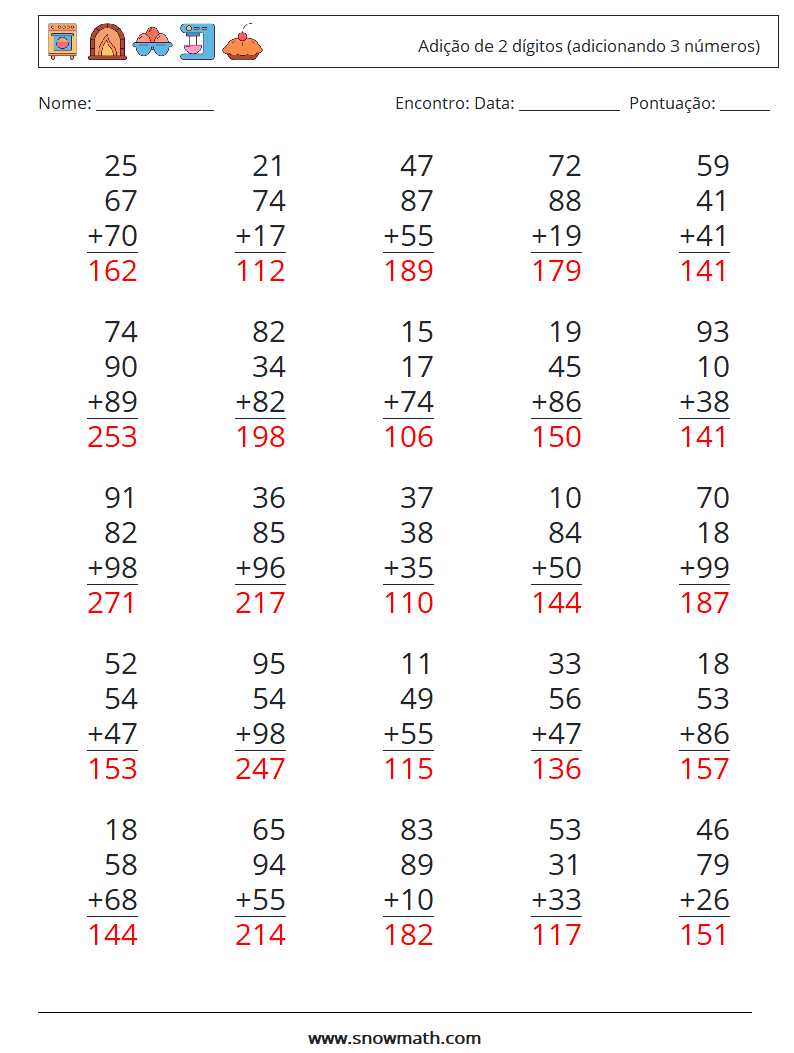 (25) Adição de 2 dígitos (adicionando 3 números) planilhas matemáticas 4 Pergunta, Resposta