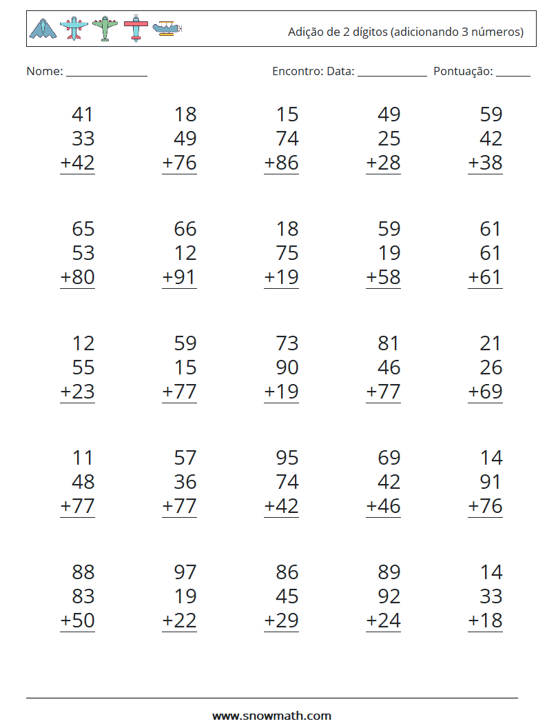 (25) Adição de 2 dígitos (adicionando 3 números) planilhas matemáticas 5