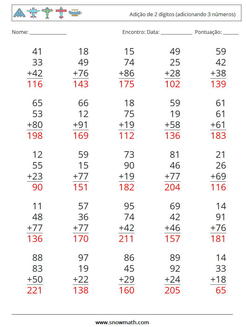 (25) Adição de 2 dígitos (adicionando 3 números) planilhas matemáticas 5 Pergunta, Resposta