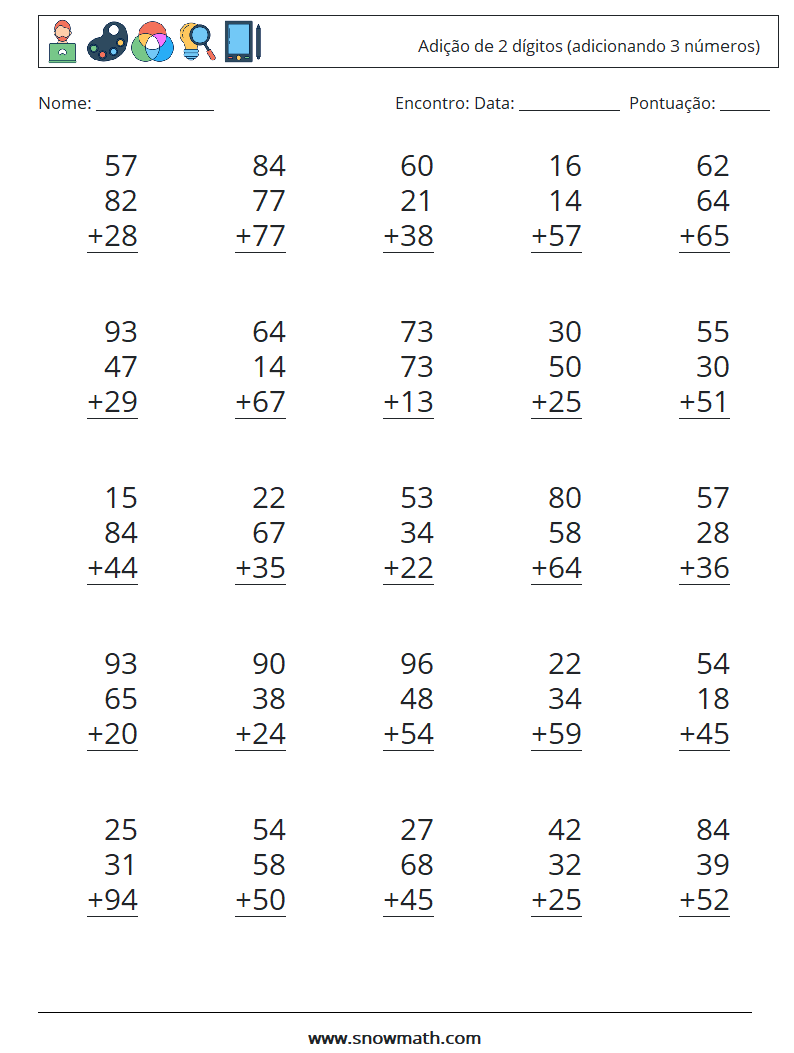 (25) Adição de 2 dígitos (adicionando 3 números) planilhas matemáticas 6