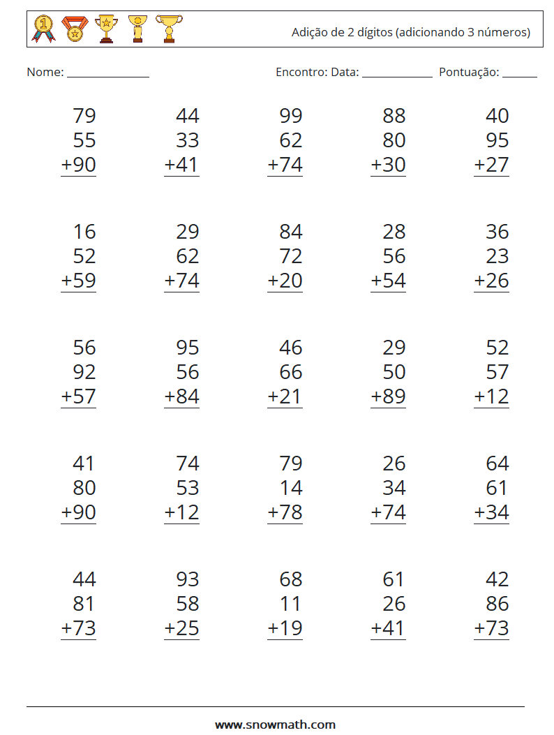 (25) Adição de 2 dígitos (adicionando 3 números) planilhas matemáticas 8