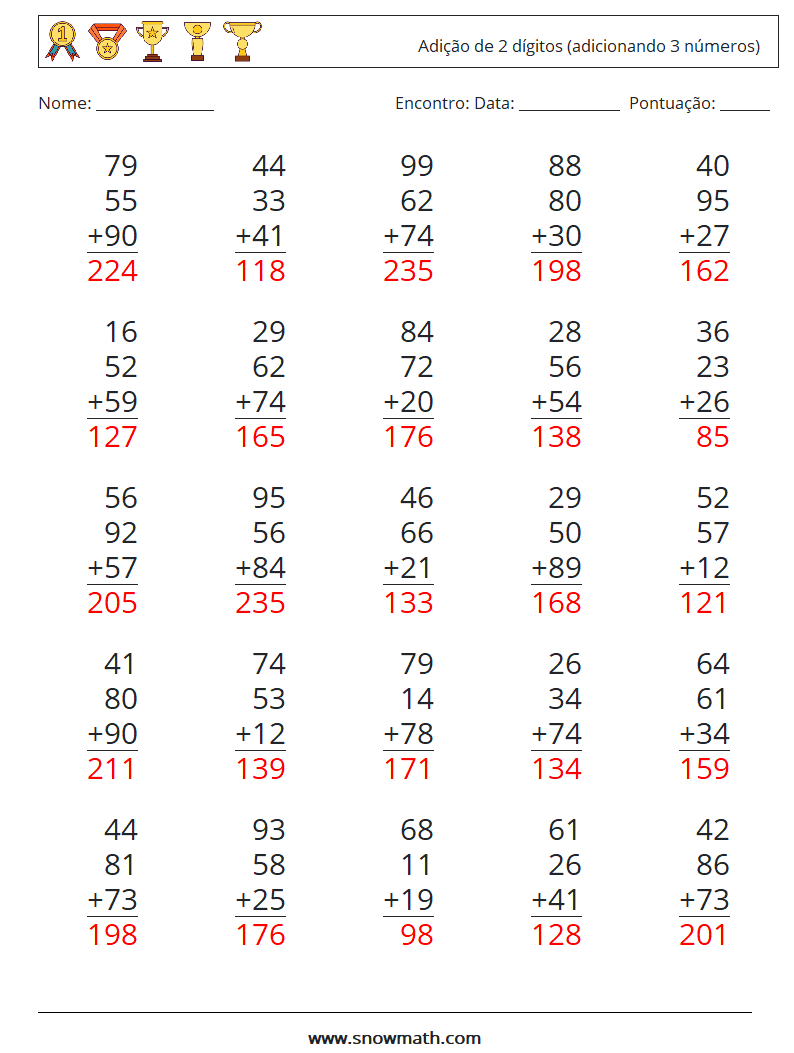 (25) Adição de 2 dígitos (adicionando 3 números) planilhas matemáticas 8 Pergunta, Resposta