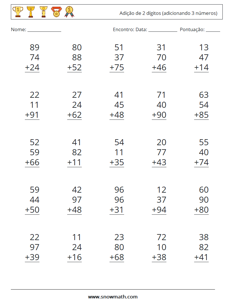 (25) Adição de 2 dígitos (adicionando 3 números) planilhas matemáticas 9