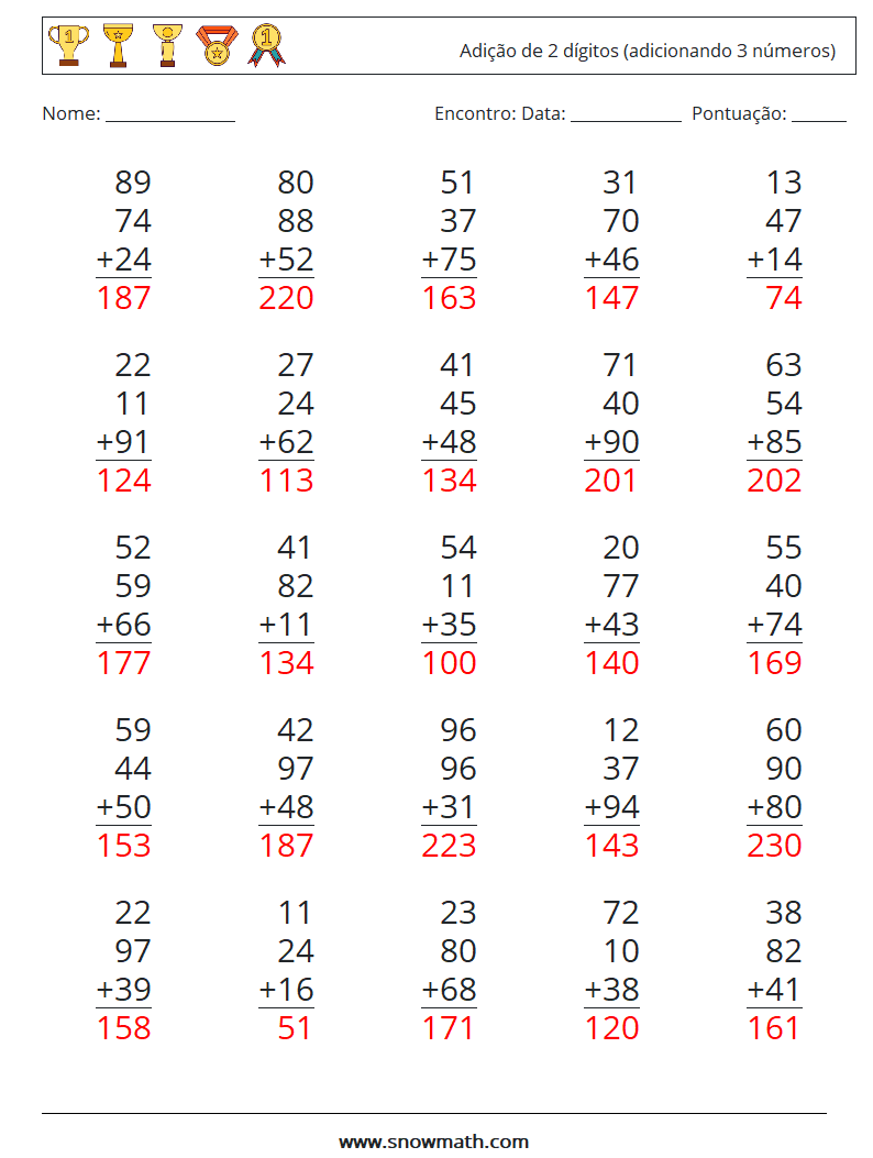 (25) Adição de 2 dígitos (adicionando 3 números) planilhas matemáticas 9 Pergunta, Resposta