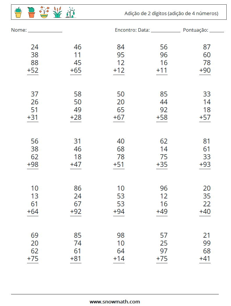 (25) Adição de 2 dígitos (adição de 4 números) planilhas matemáticas 1