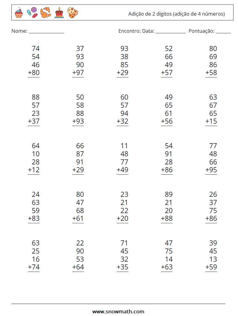 (25) Adição de 2 dígitos (adição de 4 números) planilhas matemáticas 10