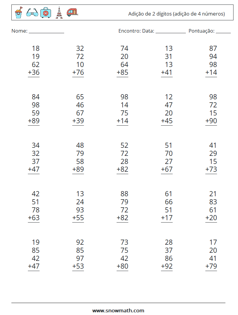 (25) Adição de 2 dígitos (adição de 4 números) planilhas matemáticas 11