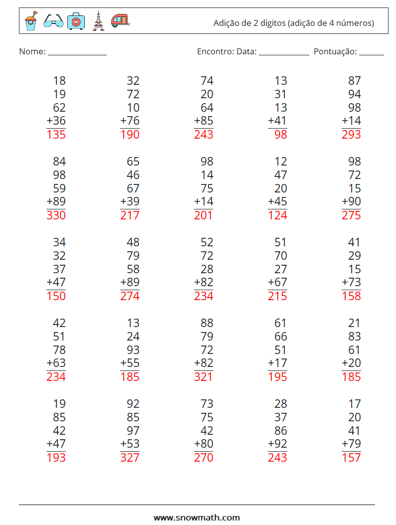 (25) Adição de 2 dígitos (adição de 4 números) planilhas matemáticas 11 Pergunta, Resposta