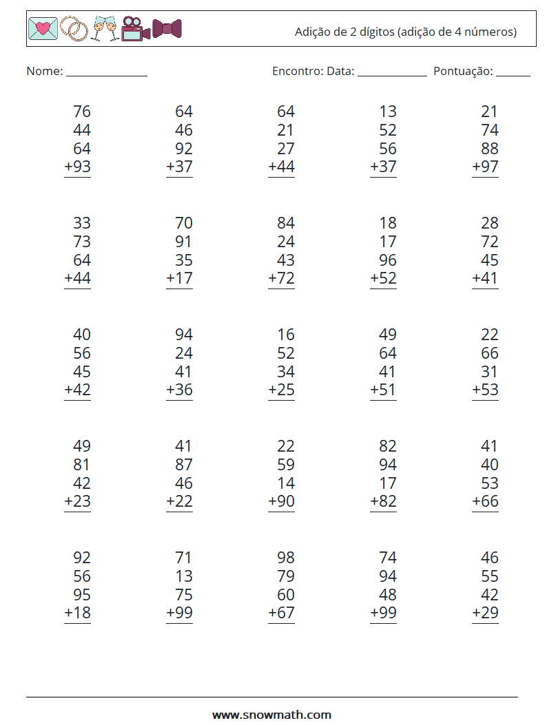 (25) Adição de 2 dígitos (adição de 4 números) planilhas matemáticas 12