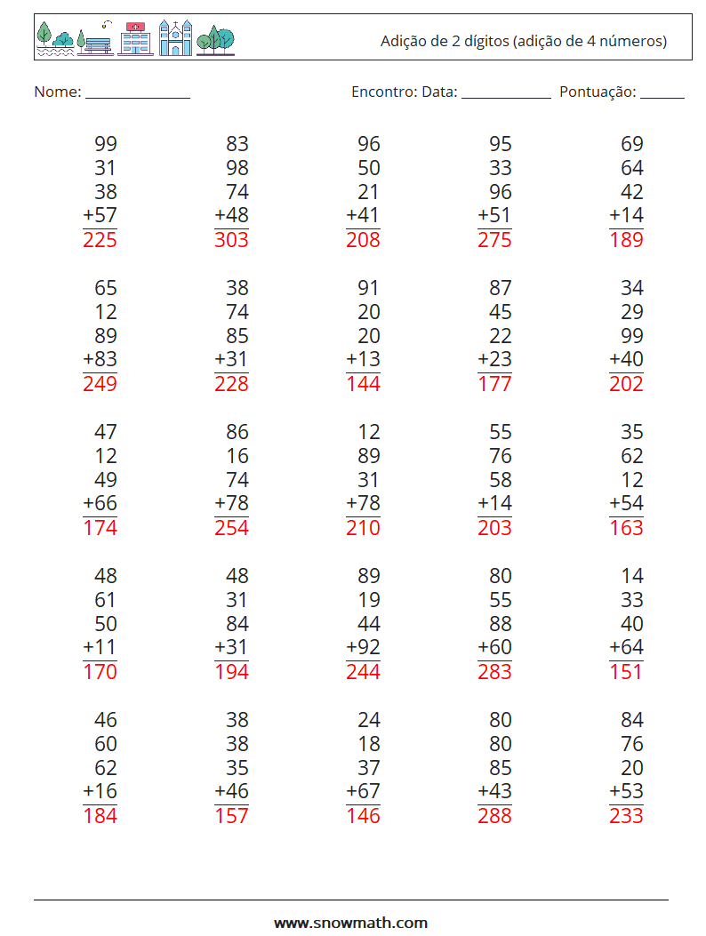 (25) Adição de 2 dígitos (adição de 4 números) planilhas matemáticas 13 Pergunta, Resposta