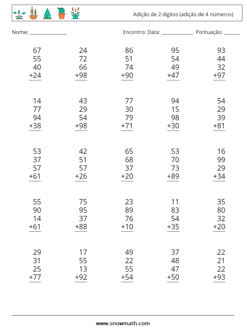 (25) Adição de 2 dígitos (adição de 4 números) planilhas matemáticas 14