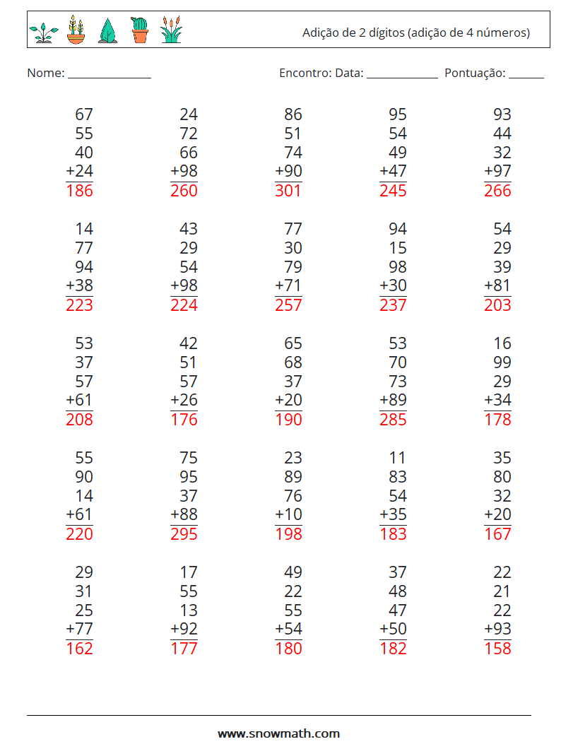 (25) Adição de 2 dígitos (adição de 4 números) planilhas matemáticas 14 Pergunta, Resposta