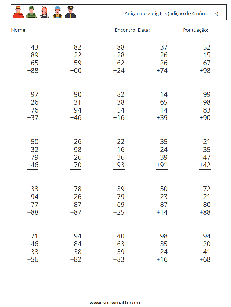 (25) Adição de 2 dígitos (adição de 4 números) planilhas matemáticas 15