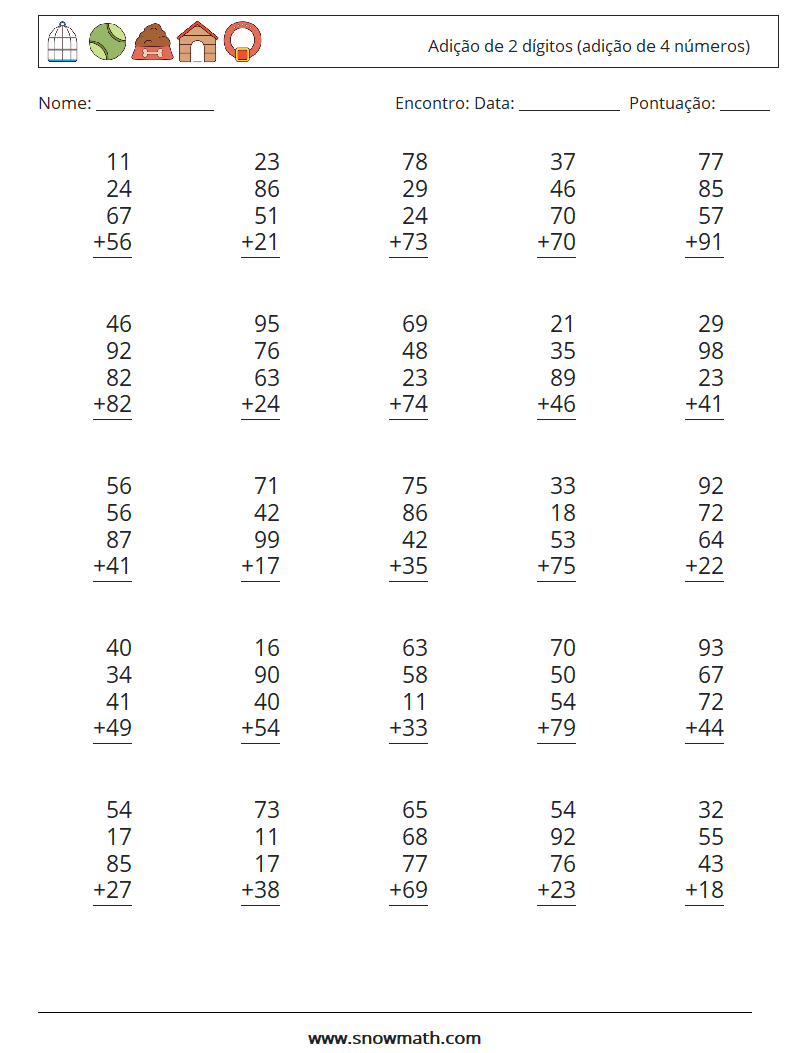 (25) Adição de 2 dígitos (adição de 4 números) planilhas matemáticas 16