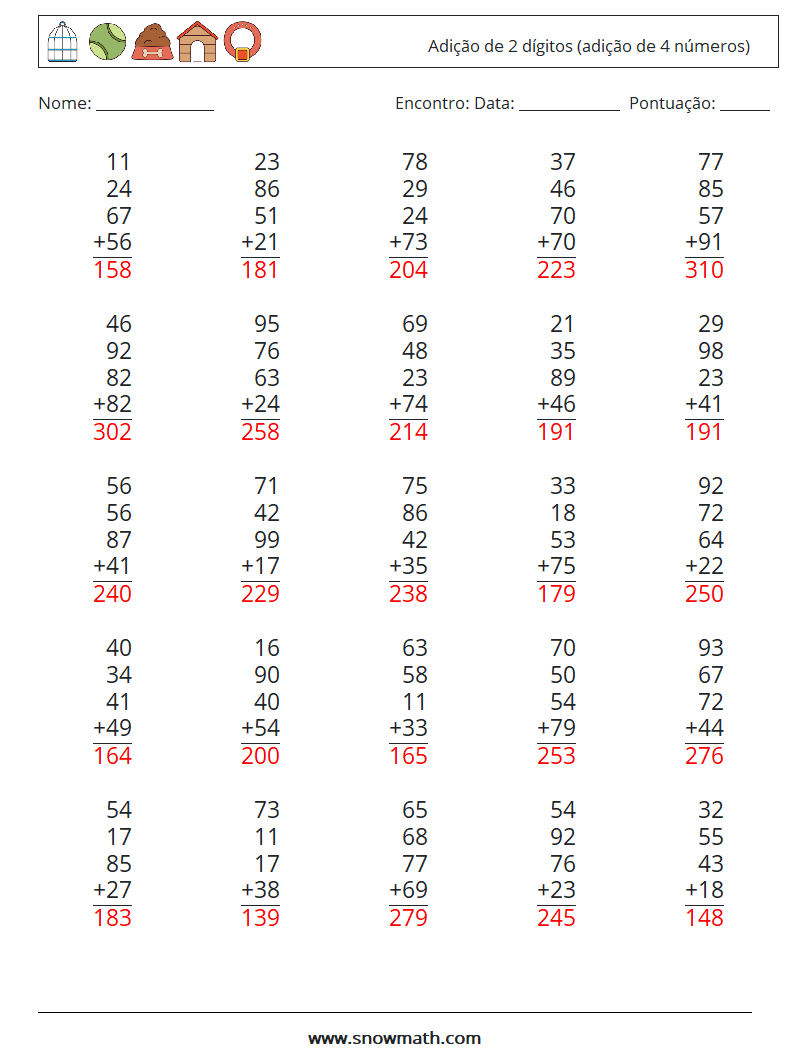 (25) Adição de 2 dígitos (adição de 4 números) planilhas matemáticas 16 Pergunta, Resposta