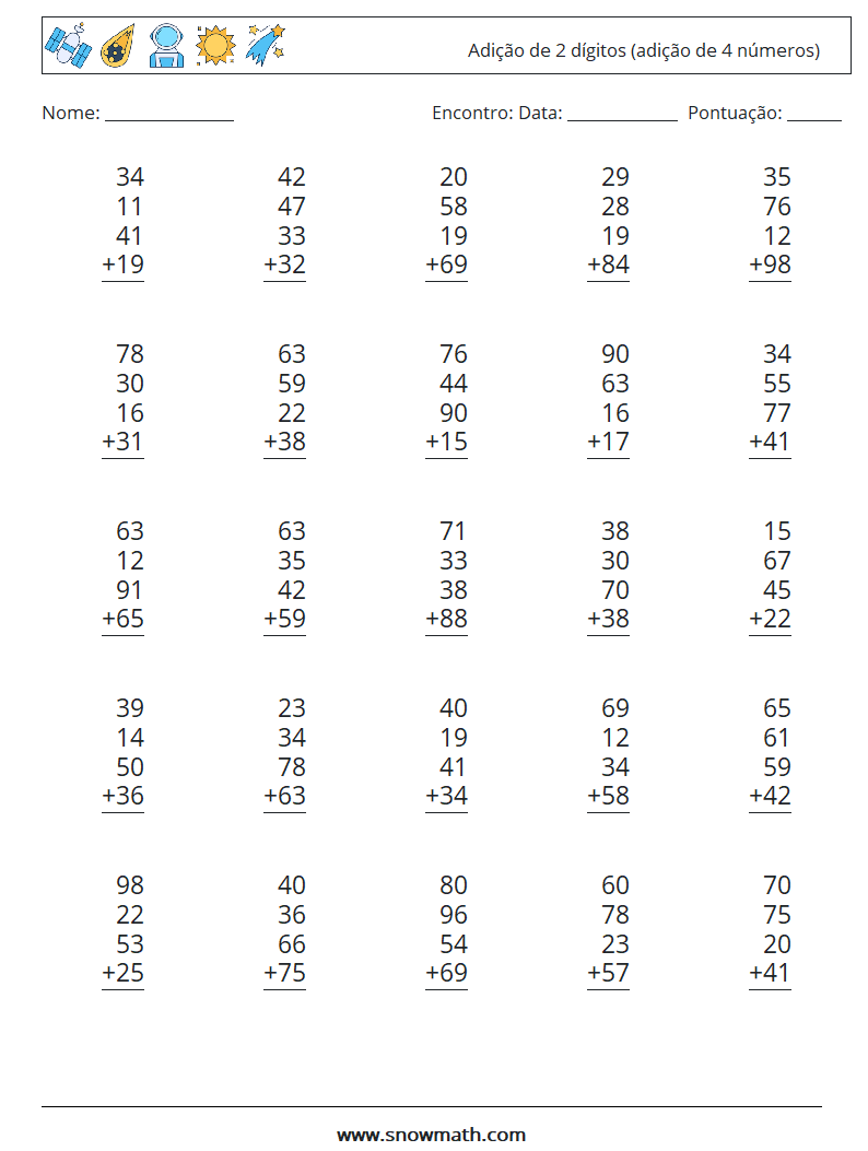 (25) Adição de 2 dígitos (adição de 4 números) planilhas matemáticas 17