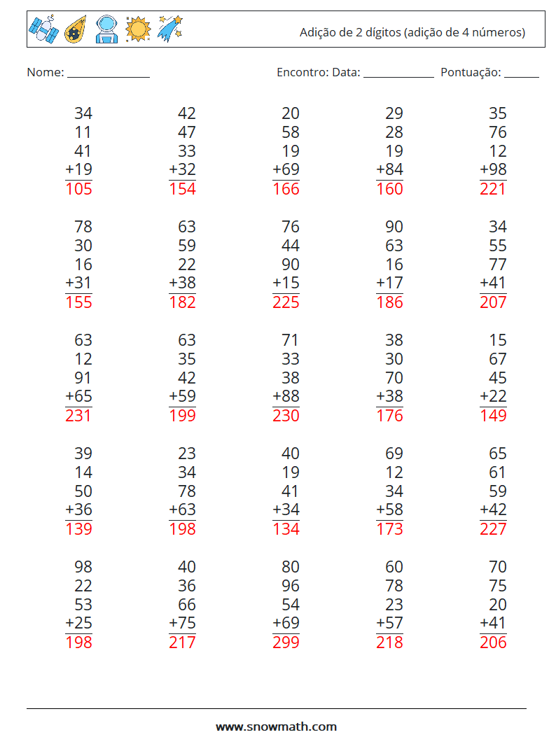 (25) Adição de 2 dígitos (adição de 4 números) planilhas matemáticas 17 Pergunta, Resposta