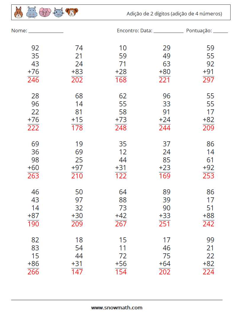 (25) Adição de 2 dígitos (adição de 4 números) planilhas matemáticas 18 Pergunta, Resposta