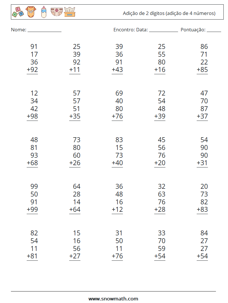 (25) Adição de 2 dígitos (adição de 4 números) planilhas matemáticas 2