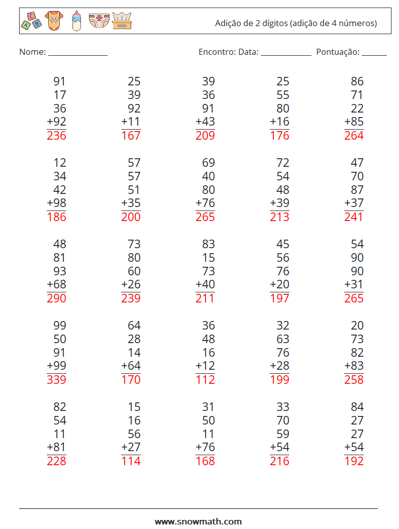 (25) Adição de 2 dígitos (adição de 4 números) planilhas matemáticas 2 Pergunta, Resposta