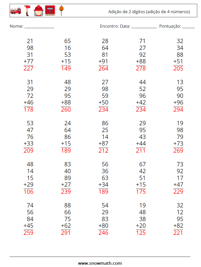 (25) Adição de 2 dígitos (adição de 4 números) planilhas matemáticas 3 Pergunta, Resposta