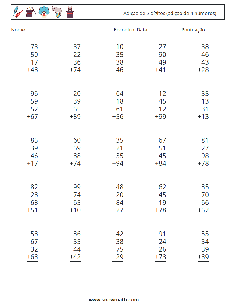 (25) Adição de 2 dígitos (adição de 4 números) planilhas matemáticas 4