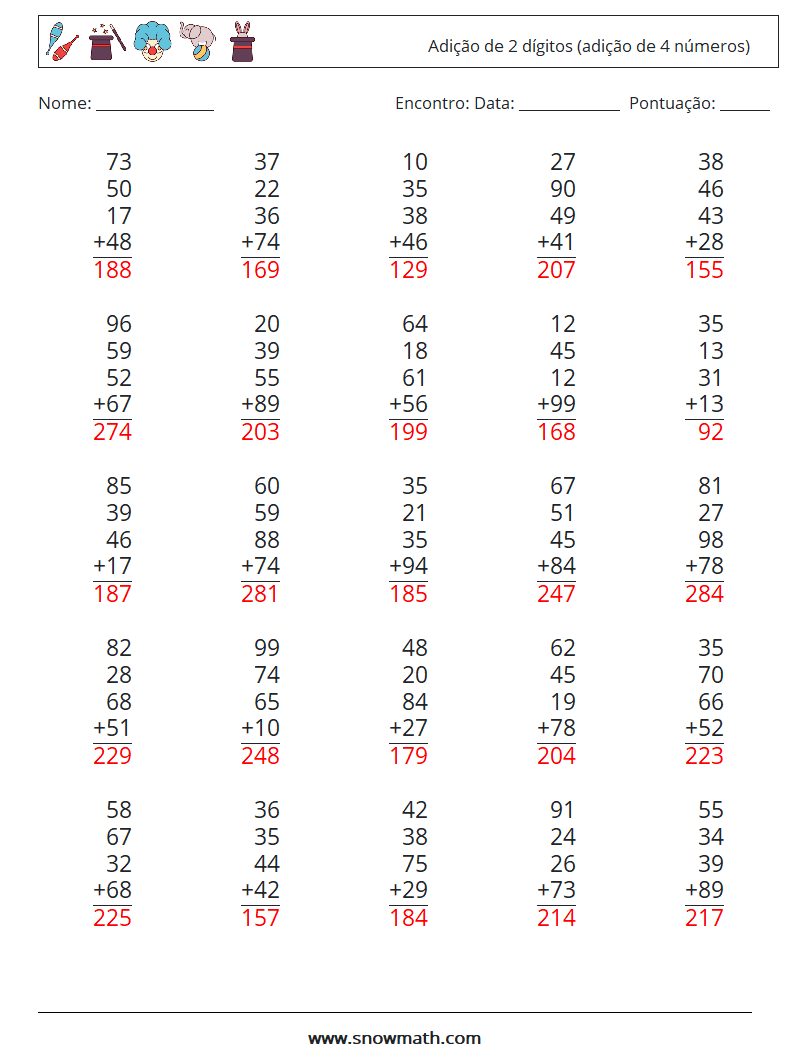 (25) Adição de 2 dígitos (adição de 4 números) planilhas matemáticas 4 Pergunta, Resposta