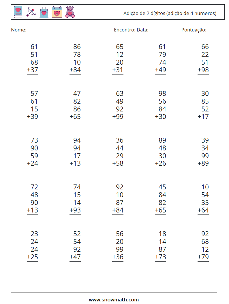 (25) Adição de 2 dígitos (adição de 4 números) planilhas matemáticas 5