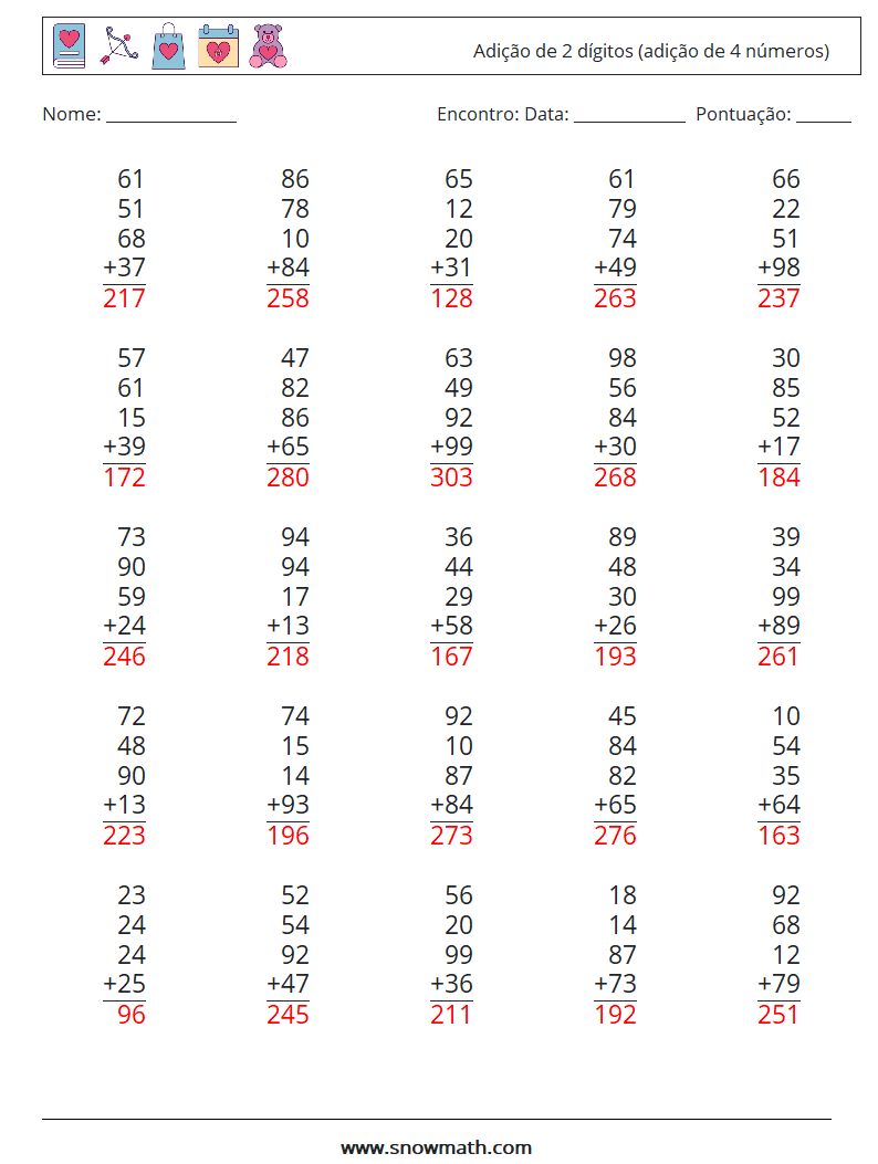 (25) Adição de 2 dígitos (adição de 4 números) planilhas matemáticas 5 Pergunta, Resposta