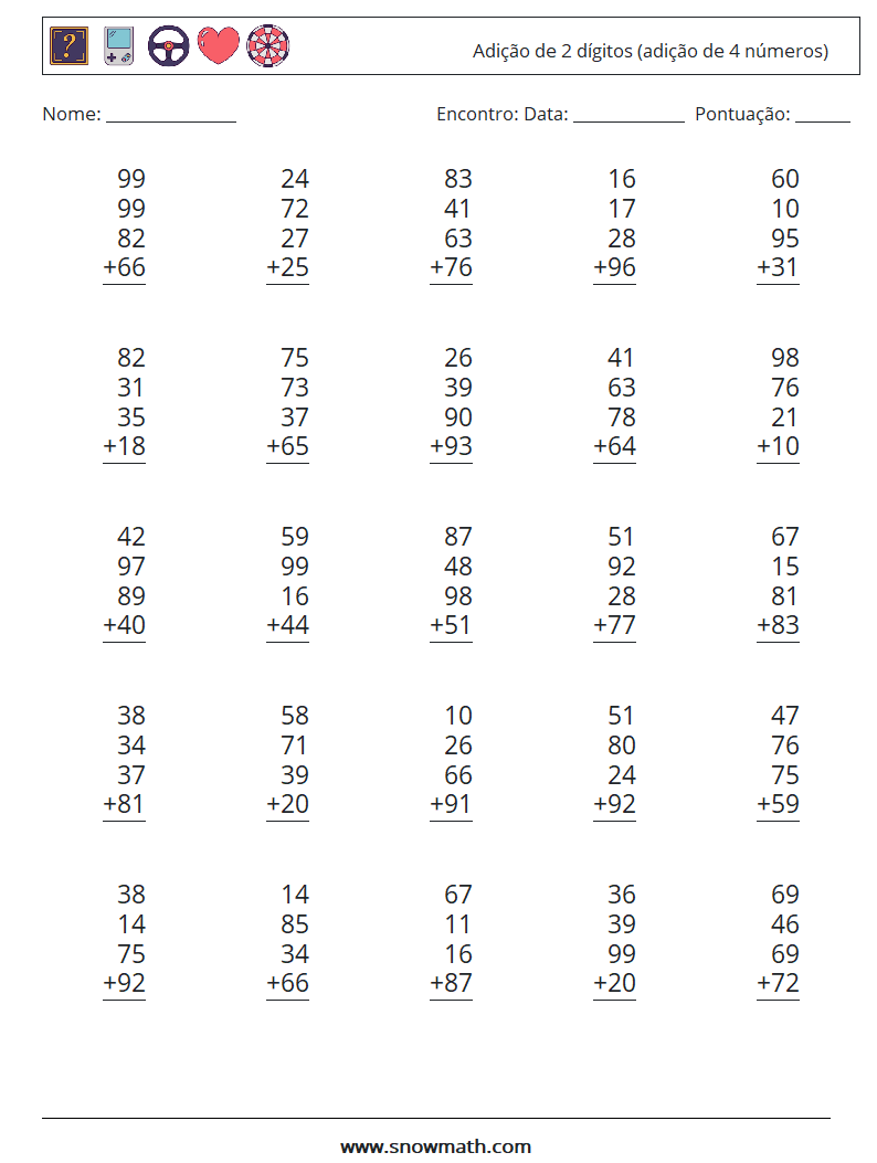 (25) Adição de 2 dígitos (adição de 4 números) planilhas matemáticas 6