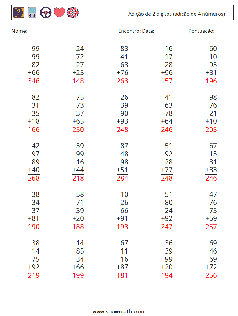 (25) Adição de 2 dígitos (adição de 4 números) planilhas matemáticas 6 Pergunta, Resposta