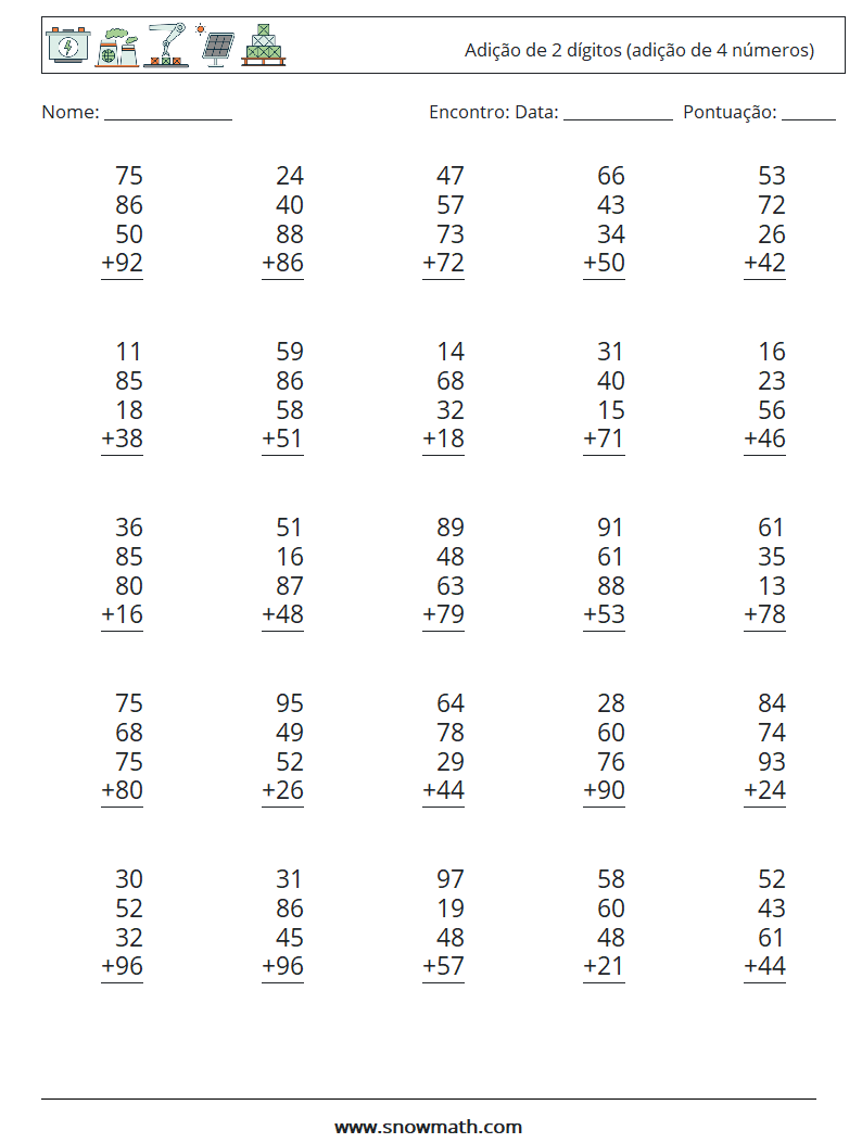 (25) Adição de 2 dígitos (adição de 4 números) planilhas matemáticas 7