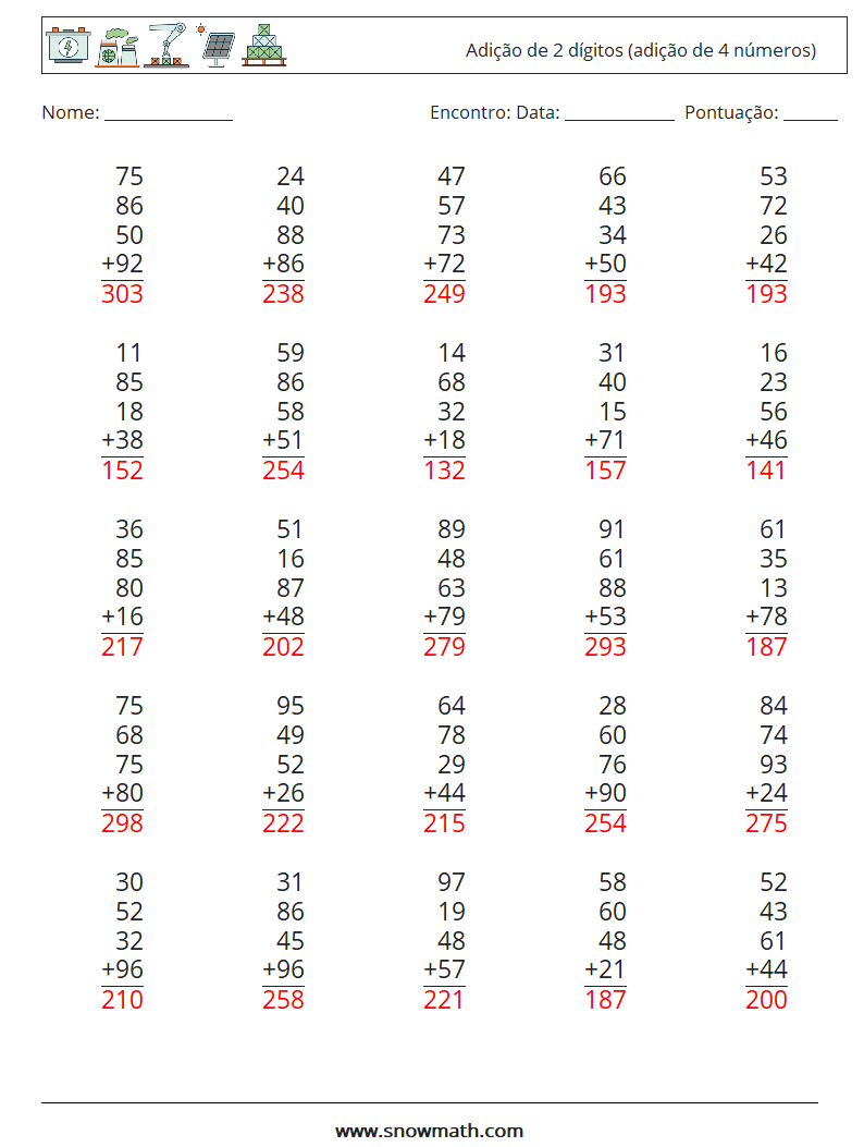 (25) Adição de 2 dígitos (adição de 4 números) planilhas matemáticas 7 Pergunta, Resposta