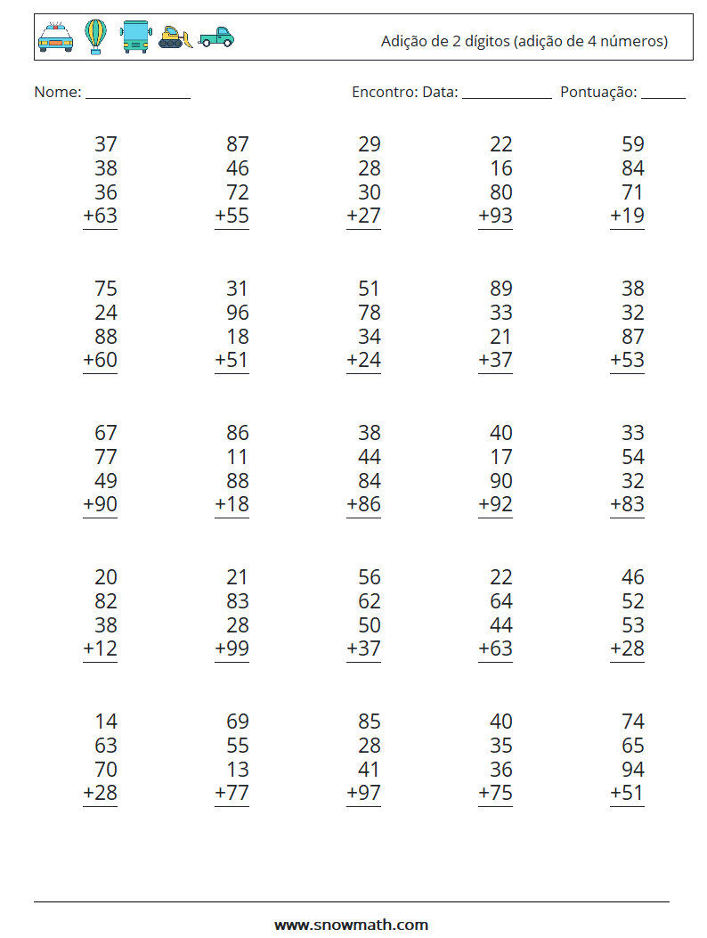 (25) Adição de 2 dígitos (adição de 4 números) planilhas matemáticas 8