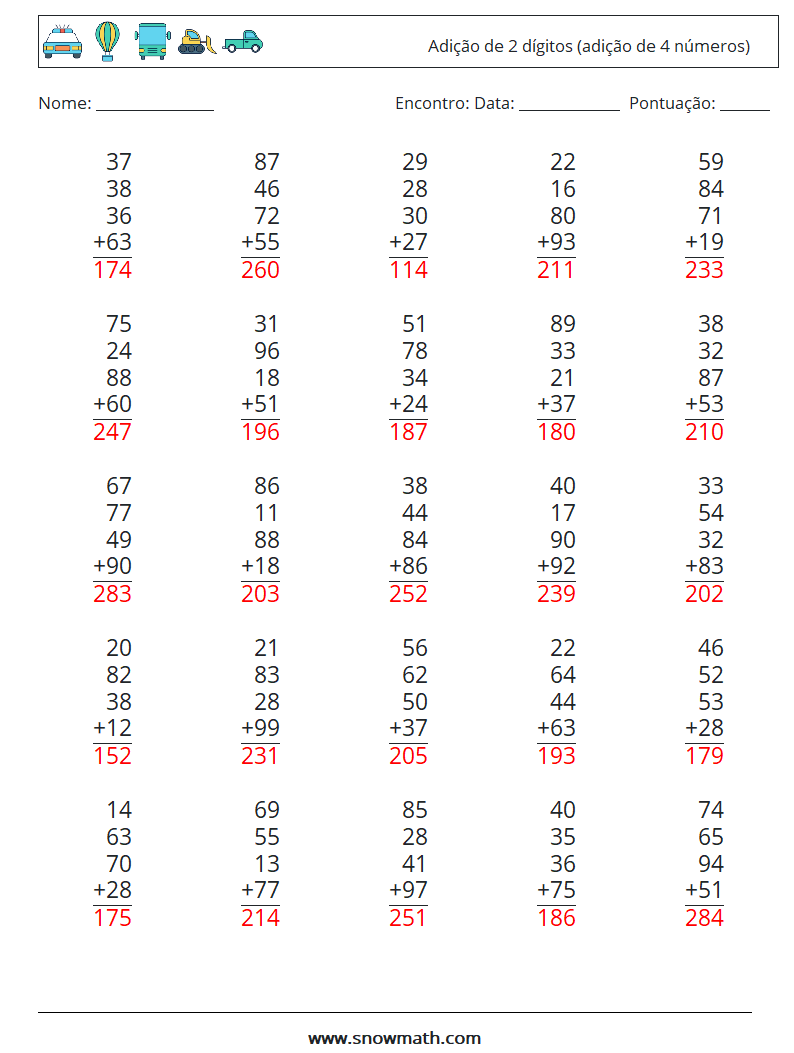 (25) Adição de 2 dígitos (adição de 4 números) planilhas matemáticas 8 Pergunta, Resposta