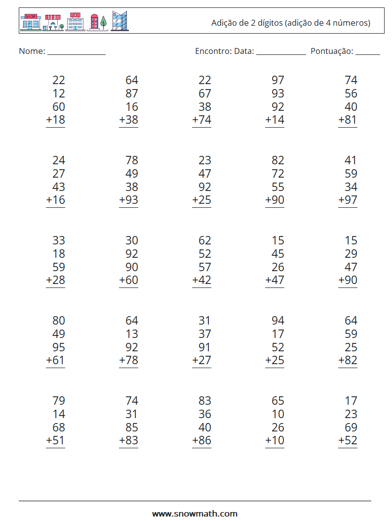 (25) Adição de 2 dígitos (adição de 4 números) planilhas matemáticas 9