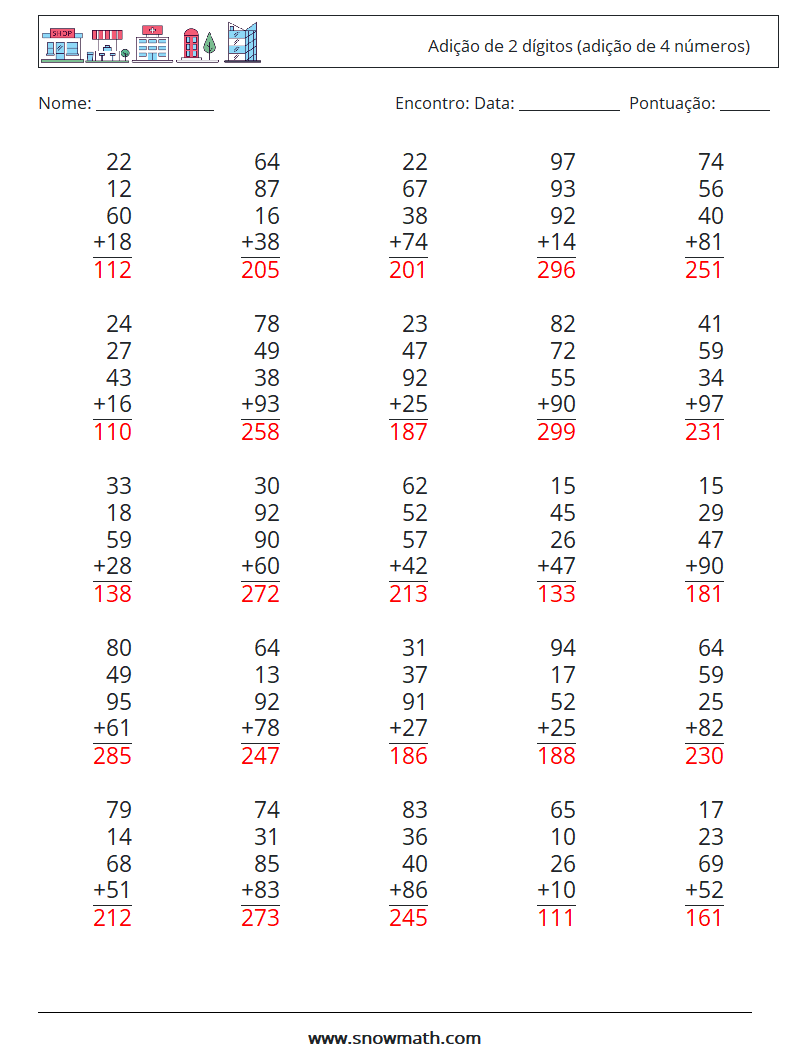 (25) Adição de 2 dígitos (adição de 4 números) planilhas matemáticas 9 Pergunta, Resposta