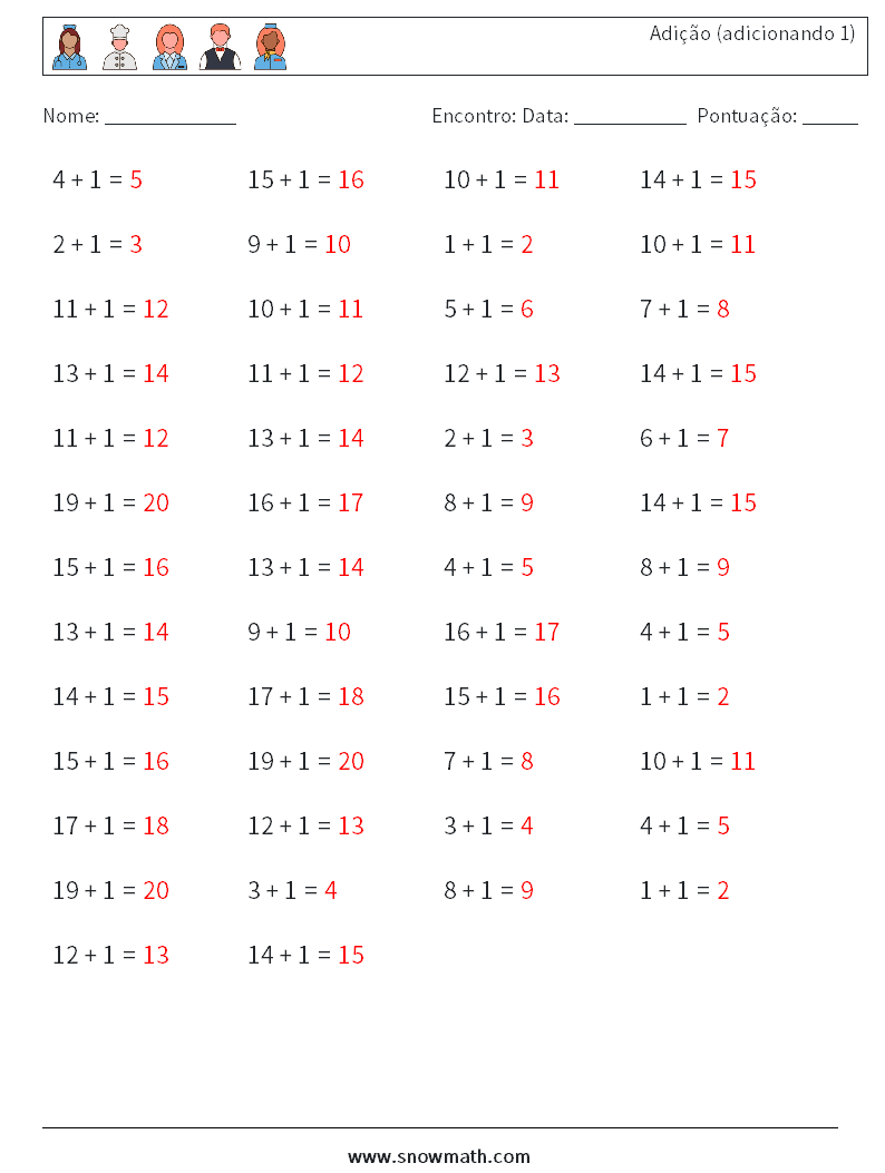 (50) Adição (adicionando 1) planilhas matemáticas 1 Pergunta, Resposta