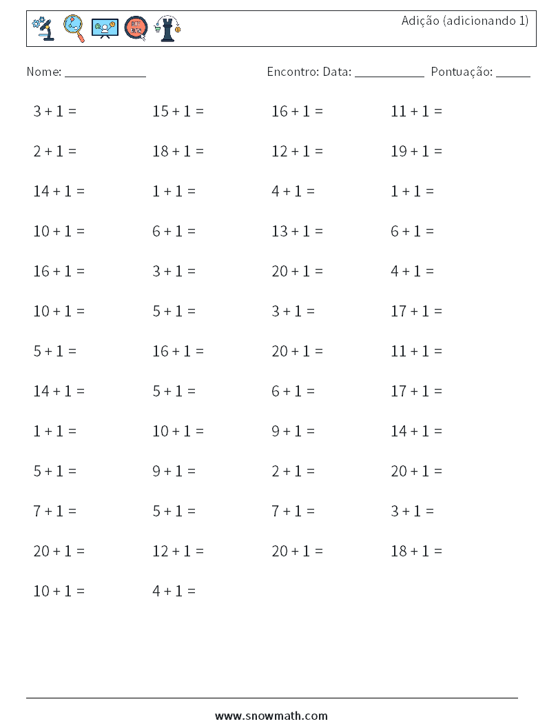 (50) Adição (adicionando 1) planilhas matemáticas 2